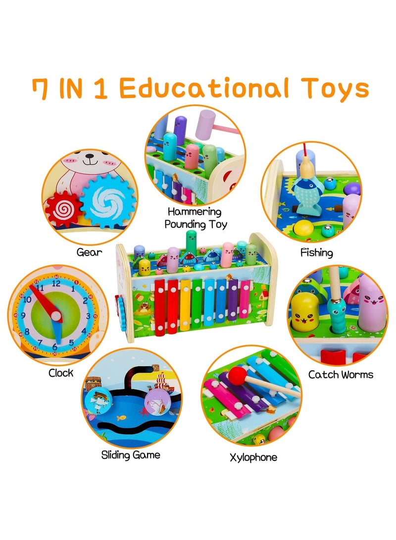 العاب المطرقة 7 في 1 بقصف خشبية لعبة مونتيسوري التعليمية لصيد الاسماك، اكسيليفون للاطفال بعمر 3 سنوات، تنموية حسية بمهارة عالية، انشطة الصغار من سن الطفولة هدية.. - Image 2