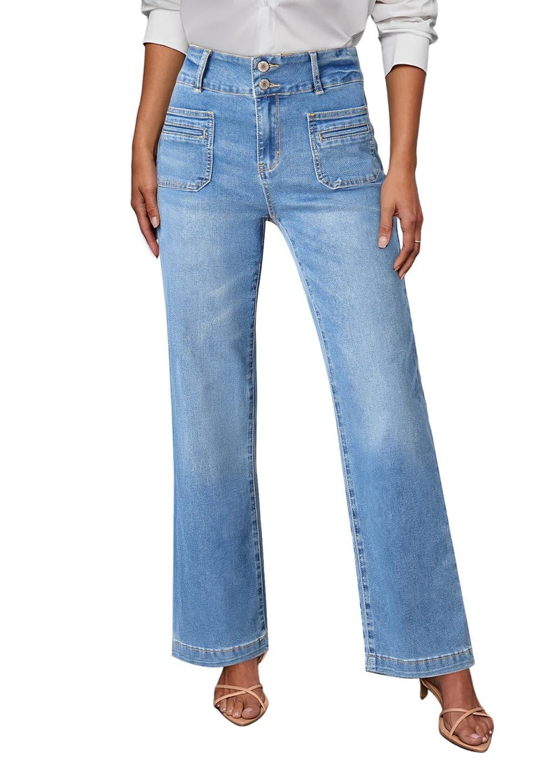 Sidefeel Women's Straight Leg Jeans High Waisted Trendy Loose Fit Wide Leg Denim Pants Iceland Blue Size 4 - Image 1