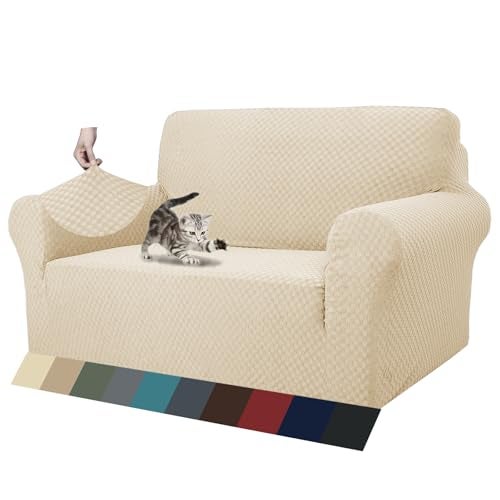 ZNSAYOTX 1 Piece Jacquard Couch Covers for 2 Cushion Couch High Stretch Loveseat Slipcover for Pets Dogs Anti Slip Love Seat Sofa Slipcover Furniture Protector (Loveseat, Light Beige) - Image 1