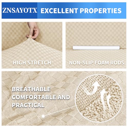 ZNSAYOTX 1 Piece Jacquard Couch Covers for 2 Cushion Couch High Stretch Loveseat Slipcover for Pets Dogs Anti Slip Love Seat Sofa Slipcover Furniture Protector (Loveseat, Light Beige) - Image 4