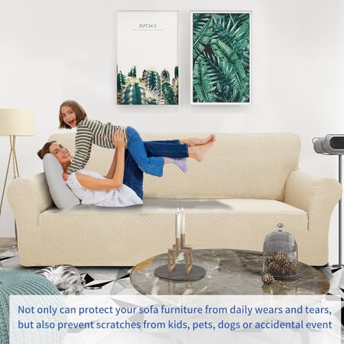 ZNSAYOTX 1 Piece Jacquard Couch Covers for 2 Cushion Couch High Stretch Loveseat Slipcover for Pets Dogs Anti Slip Love Seat Sofa Slipcover Furniture Protector (Loveseat, Light Beige) - Image 2