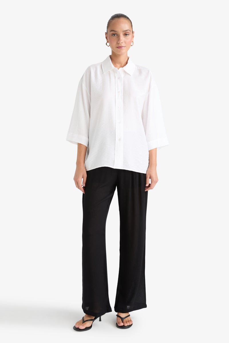 DeFacto White Woman Oversize Shirt Collar Crinkle Fabric Shirt Casual - Image 2