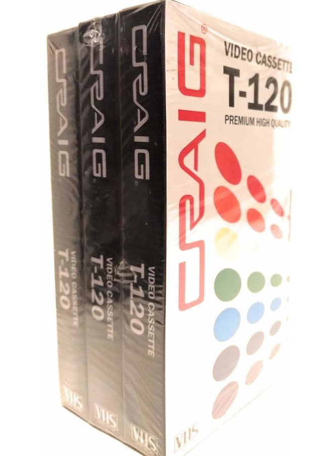 Craig CC358 Premium Blank T-120 VHS Video Tapes | 3-Pack | Video Casette Tapes Recordable and Reusable | 120-Minute Recording Time | 6-Hour Total Time | 