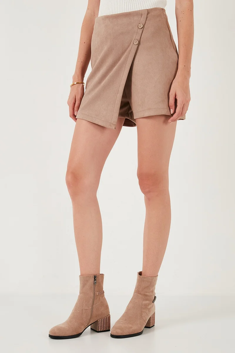 Lela Asymmetric Winter Scuba Suede Button Detail Slim Fit Shorts Skirt Women's Shorts Skirt 5865968