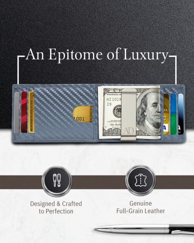 Access Denied Leather Carbon Fiber Wallets For Men - Navy Blue Money Clip Bifold Mens Wallet RFID Front Pocket Thin Credit Card Holder - Gifts For Men - Image 2