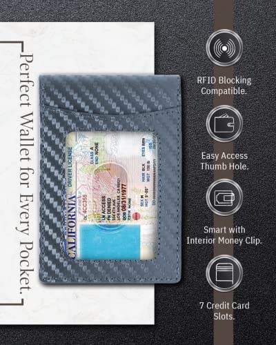 Access Denied Leather Carbon Fiber Wallets For Men - Navy Blue Money Clip Bifold Mens Wallet RFID Front Pocket Thin Credit Card Holder - Gifts For Men - Image 3