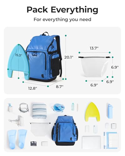 BAGSMART 2 Piece Swim Bag for Swimmers with Shoe Compartment, 35L Waterproof Swim Backpack for Men and Women, Swimming Sports Gym Bag, Blue - Image 2