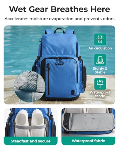 BAGSMART 2 Piece Swim Bag for Swimmers with Shoe Compartment, 35L Waterproof Swim Backpack for Men and Women, Swimming Sports Gym Bag, Blue - Image 5