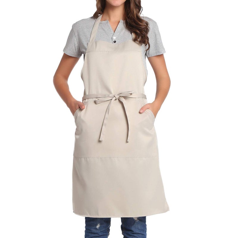BIGHAS Adjustable Bib Apron with Pocket Extra Long Ties for Women Men 18 Colors Chef Kitchen Home Restaurant Cafe Cooking Baking Beige