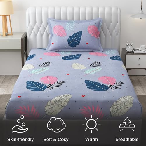FRESH FROM LOOM Floral Microfiber Single Size Single Bedsheet - Hypoallergenic Wrinkle Free Bed Sheets with 1 Pillow Covers (60x90 Inches | Blue, Pankh Design), 144 TC - Image 5