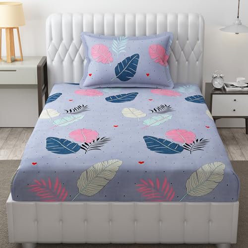 FRESH FROM LOOM Floral Microfiber Single Size Single Bedsheet - Hypoallergenic Wrinkle Free Bed Sheets with 1 Pillow Covers (60x90 Inches | Blue, Pankh Design), 144 TC - Image 1