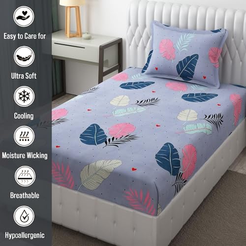 FRESH FROM LOOM Floral Microfiber Single Size Single Bedsheet - Hypoallergenic Wrinkle Free Bed Sheets with 1 Pillow Covers (60x90 Inches | Blue, Pankh Design), 144 TC - Image 4