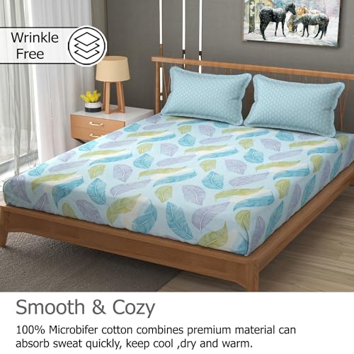 Fresh From Loom Microfiber Soft Cotton Queen Size Bedsheet for Double Bed |200 TC Hypoallergenic Soft Bed Sheet with 2 Pillow Cover | Anti Fade Printed Bed Cover (100x100 inch, Pankh Aqua) - Image 2