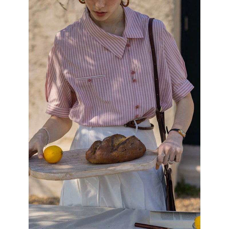 Dailyart "Berlin Track" French Yarn-Dyed Blended Stripesd Oblique Lapel Collar Short-Sleeved Design Shirt - Image 2