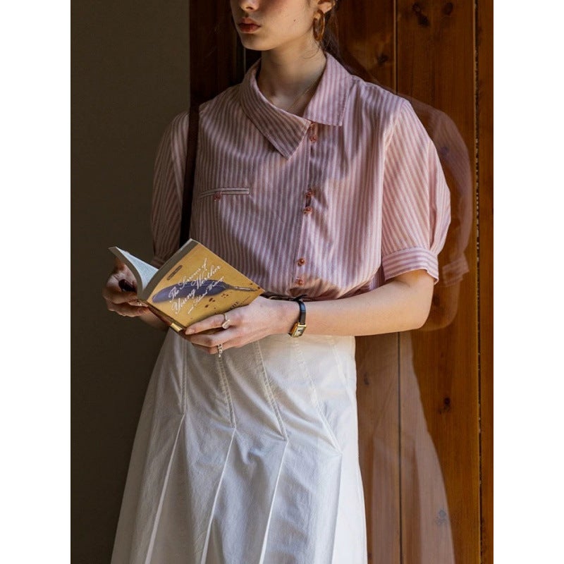Dailyart "Berlin Track" French Yarn-Dyed Blended Stripesd Oblique Lapel Collar Short-Sleeved Design Shirt - Image 4