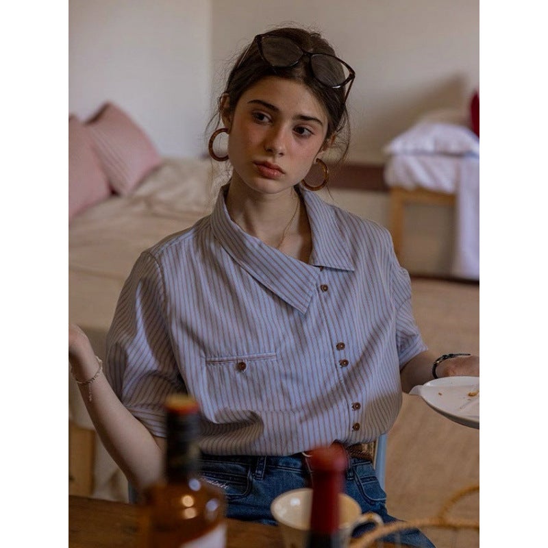 Dailyart "Berlin Track" French Yarn-Dyed Blended Stripesd Oblique Lapel Collar Short-Sleeved Design Shirt - Image 3