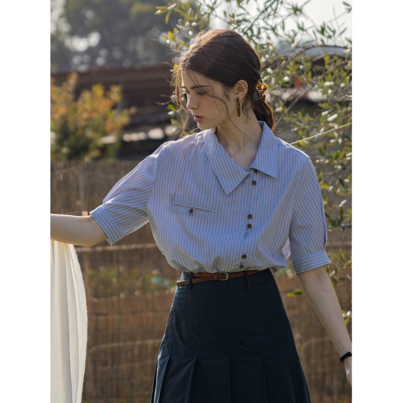 Dailyart "Berlin Track" French Yarn-Dyed Blended Stripesd Oblique Lapel Collar Short-Sleeved Design Shirt - Image 5