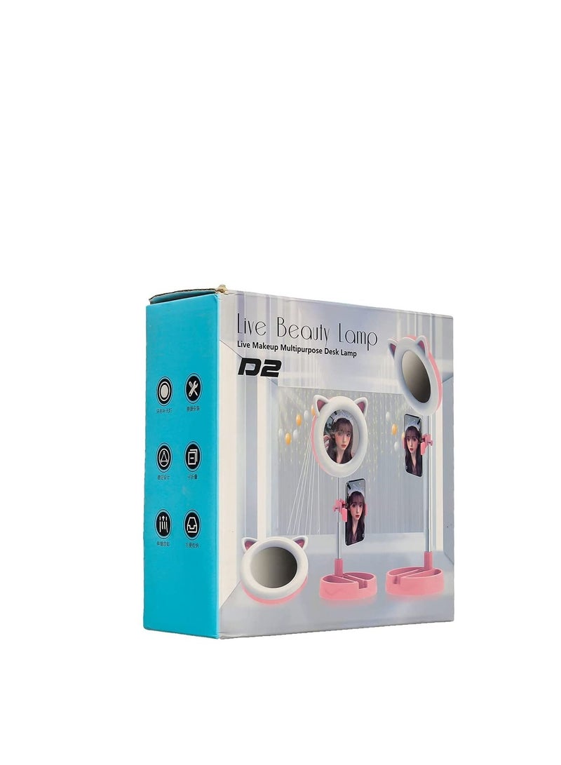 D2 Live Makeup Multipurpose Desk Lamp With Mirror Cat Design And Phone Holder 16.5 CM - White - Image 4