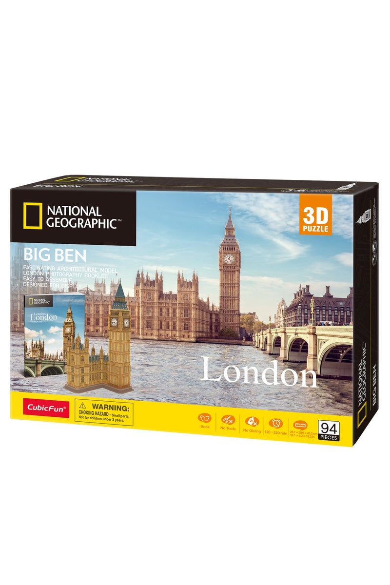 National Geographic 3D Puzzle Big Ben London 94-Pieces | Architectural Model | Easy to Assemble | Display Puzzle | No-Glue or Scissors Needed! | Building Kit | Puzzle for Kids & Adults | Challenging Puzzle | Arts & Crafts | Perfect for Stress Reliever and Puzzle Lovers - Image 1