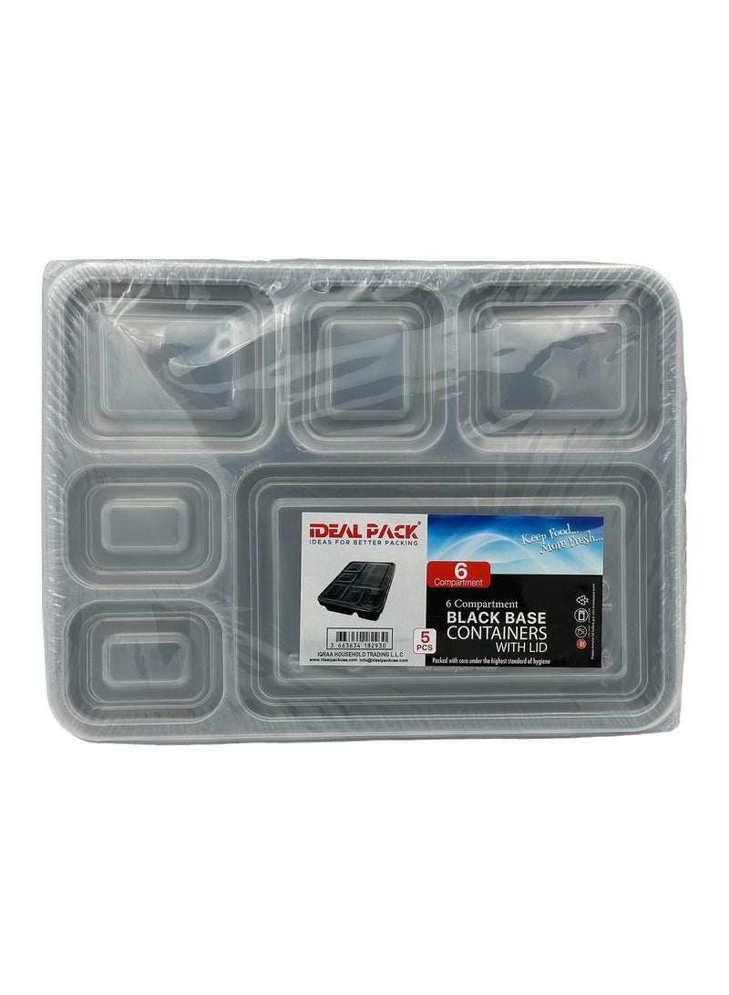 Ideal Pack Black Base Rectangular 6-Compartment Food Containers with Lids – Pack of 5 | Leak-Resistant, Microwave, Freezer & Dishwasher Safe | Ideal for Bento, Meal Prep, and Takeaway - Image 1