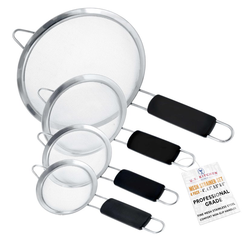 U.S. Kitchen Supply US Kitchen Supply  Set of 4 Premium Quality Fine Mesh Stainless Steel Strainers with Comfortable Non Slip Handles  4 45 55 and 8 Sizes  Sift Strain Drain and Rinse Vegetables