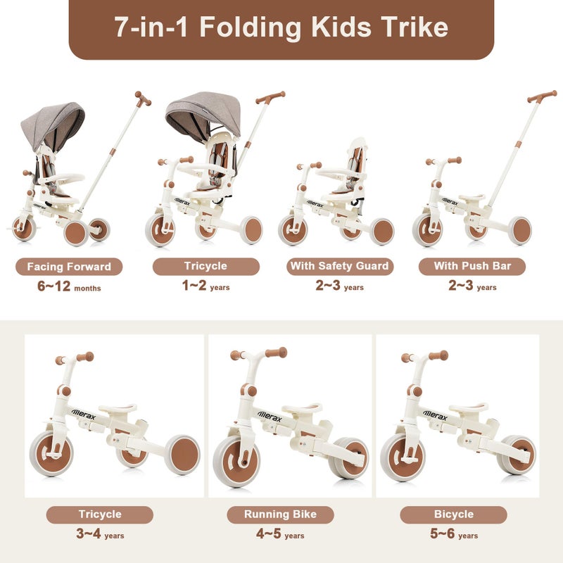 Merax 7-in-1 Foldable Toddler Tricycle Removable Pedal, Canopy and Guardrail Adjustable Push Handle - Image 2