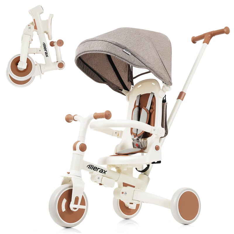 Merax 7-in-1 Foldable Toddler Tricycle Removable Pedal, Canopy and Guardrail Adjustable Push Handle - Image 1
