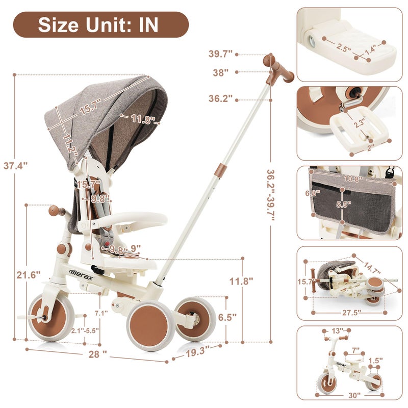 Merax 7-in-1 Foldable Toddler Tricycle Removable Pedal, Canopy and Guardrail Adjustable Push Handle - Image 5