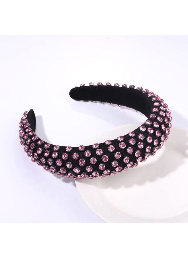 Boderier Rhinestone Padded Headband Crystal Beads Embellished Wide Bejewelled Hairband Fashion Headbands Hair Accessories (Pink)  - Image 3