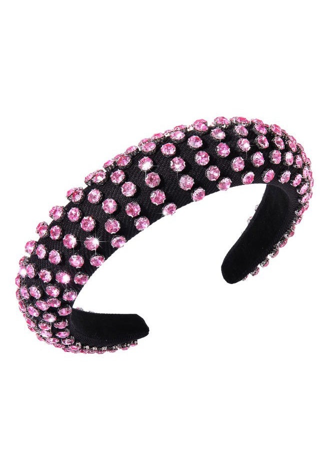 Boderier Rhinestone Padded Headband Crystal Beads Embellished Wide Bejewelled Hairband Fashion Headbands Hair Accessories (Pink)  - Image 1