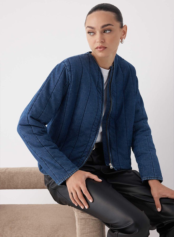 Trendyolmilla Wardrobe Essentials – Dark Blue Quilted Regular Denim Jacket | - Image 1