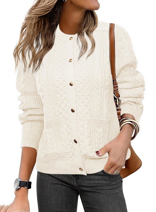 Glamaker Cable Knit Chunky Cardigan Sweater Long Sleeve Crew Neck Button Down Knit Fall Sweaters Trendy Outfits, Beige White, M - Image 1