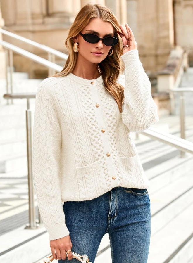 Glamaker Cable Knit Chunky Cardigan Sweater Long Sleeve Crew Neck Button Down Knit Fall Sweaters Trendy Outfits, Beige White, M - Image 2