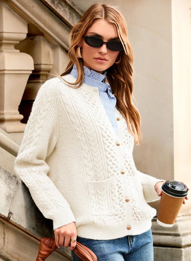 Glamaker Cable Knit Chunky Cardigan Sweater Long Sleeve Crew Neck Button Down Knit Fall Sweaters Trendy Outfits, Beige White, M - Image 4