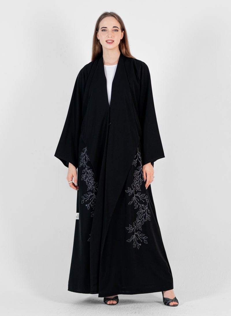 Rosette Abaya Abaya with Stitching design Silver and black wide sleeves - Image 1