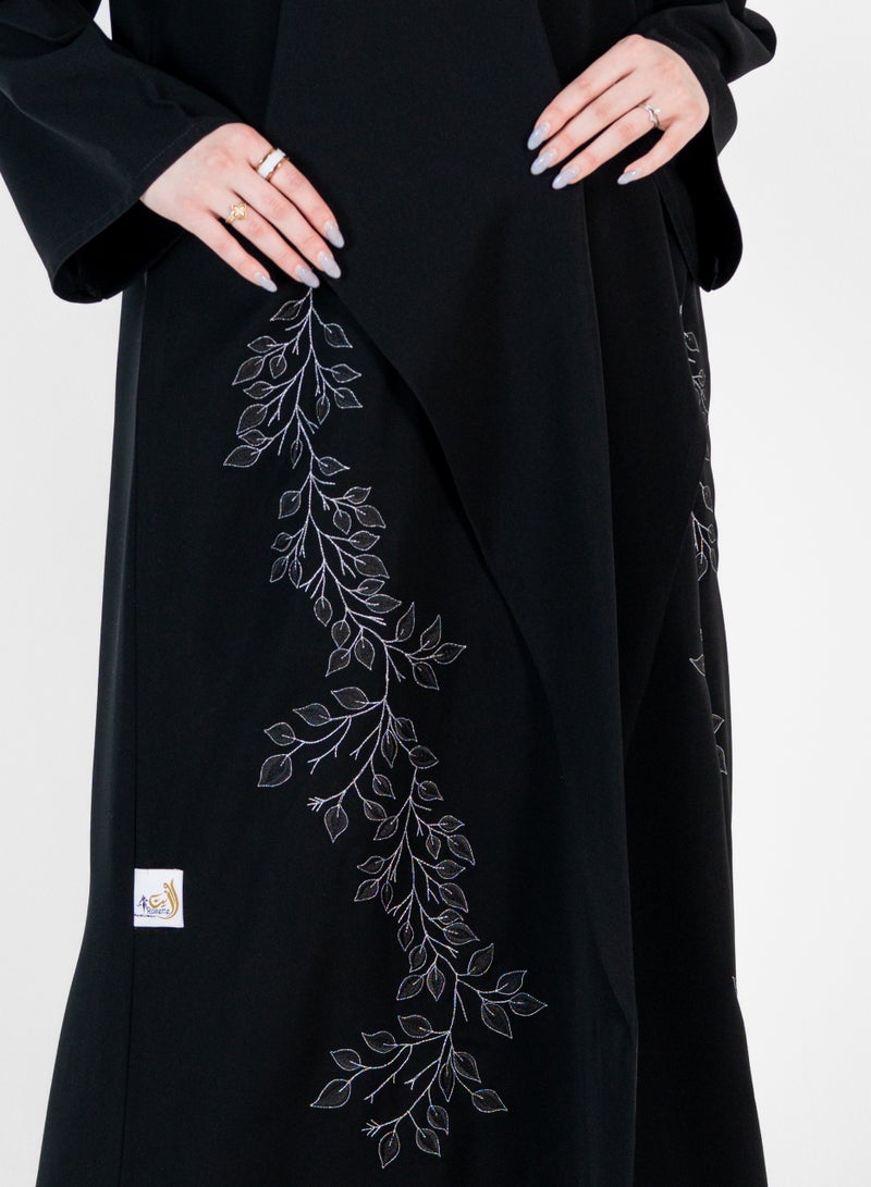 Rosette Abaya Abaya with Stitching design Silver and black wide sleeves - Image 2