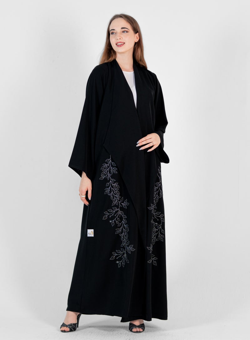 Rosette Abaya Abaya with Stitching design Silver and black wide sleeves - Image 4