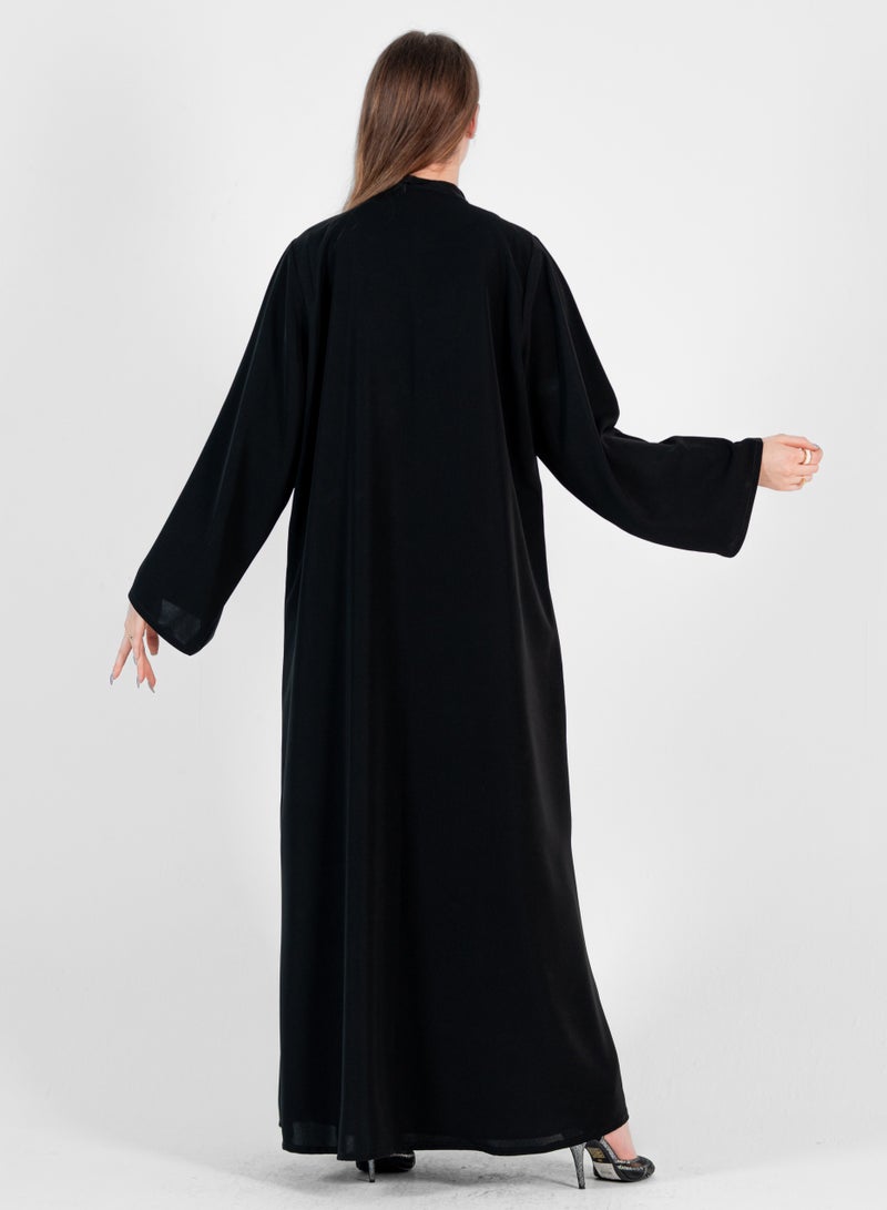 Rosette Abaya Abaya with Stitching design Silver and black wide sleeves - Image 3
