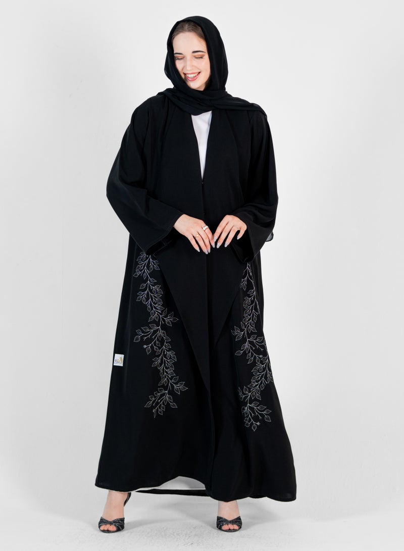 Rosette Abaya Abaya with Stitching design Silver and black wide sleeves - Image 5