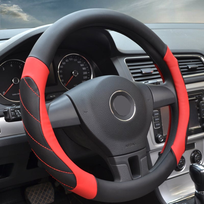 Steering Wheel Cover: Black&Red PVC Leather - Odorless Heat Cold Protection Superior Grip Breathable Design Universal Fit for Truck SUV Cars - Image 3