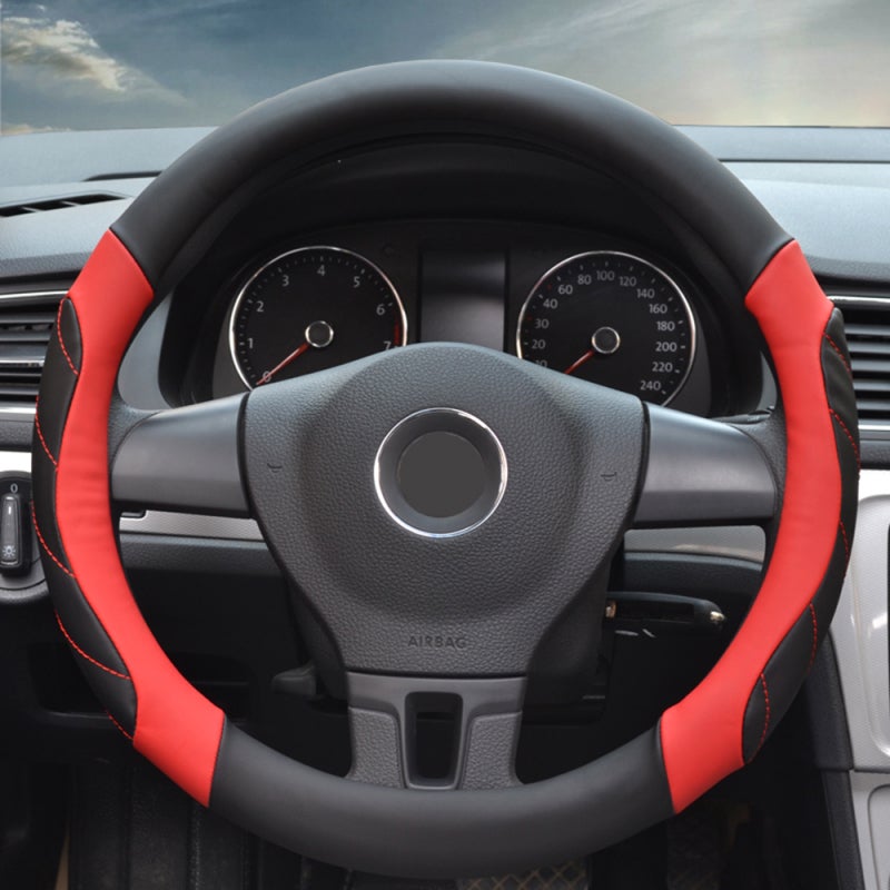 Steering Wheel Cover: Black&Red PVC Leather - Odorless Heat Cold Protection Superior Grip Breathable Design Universal Fit for Truck SUV Cars - Image 2