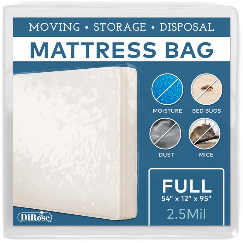 Mattress Storage Bag  Full Size Thick Plastic Moving Cover Transport Disposal and Protector  3 mil Heavy Duty Reusable Clear Waterproof Mattress Protector Encasement by DiRose
