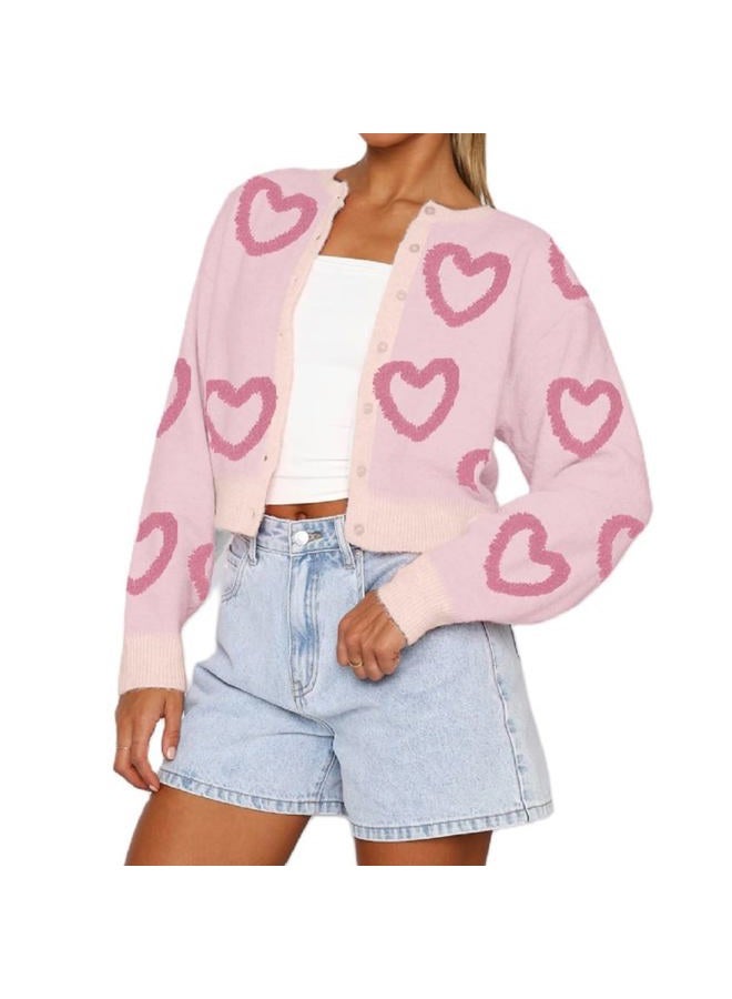 KMBANGI Women Valentine's Day Cardigan Sweater Love Heart Print Button Down Knit Sweater Cute Knitwear Top - Image 1