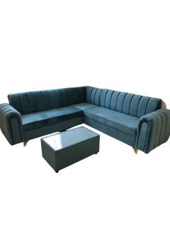 مهارة البحر طقم كنب مخمل على شكل حرف L مع وسادة وطاولة - أزرق فاتح / -250X80X80  - Image 1
