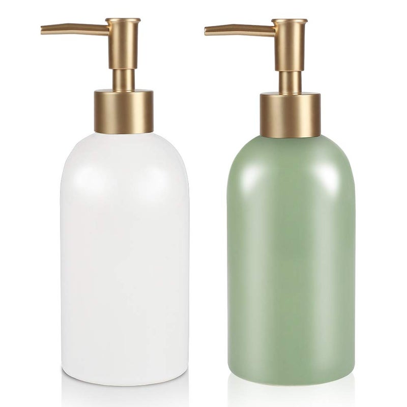 Natheeph 2Pc 14Oz Ceramic Soap Dispenser Ceramic Soap Pump Dispenser Can Fill Liquid For Bathroom/Kitchen (White + Green) - Image 1