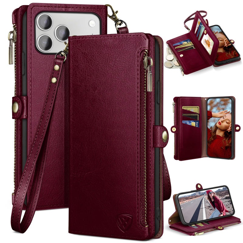 XcaseBar compatible with iPhone 17 Pro 6.3" Wallet case with Zipper Credit Card Holderã€RFID Blockingã€‘,Flip Folio Book PU Leather Phone case Shockproof Cover Women Men for Apple 17 Pro case Wine Red - Image 1