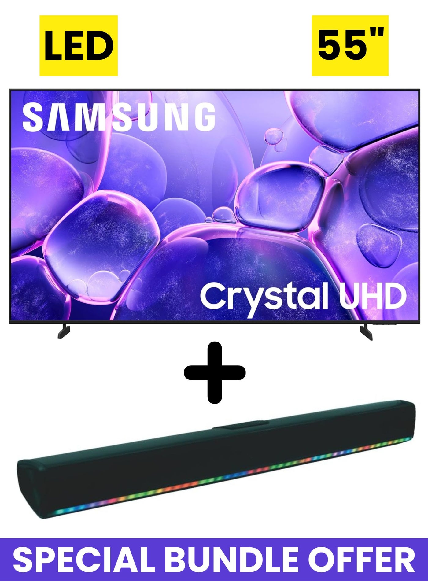 55 Inch Crystal UHD U8000F 4K Smart TV (2025) + 2.0 Channel Portable Soundbar With Built In Battery & LED Lights | Tizen Smart TV HDR TV With Crystal Processor 4K, MetalStream Design, Endless Free Content & Samsung Knox Security
