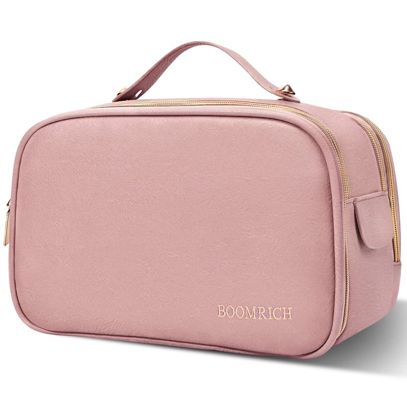 BOOMRICH Large Travel Makeup Bag, Cosmetic Bag, Toiletry Bag for Women, Water-Resistant Leather Toiletry Organizer, Dopp Kit for Toiletries Accessories, Pink - Image 1