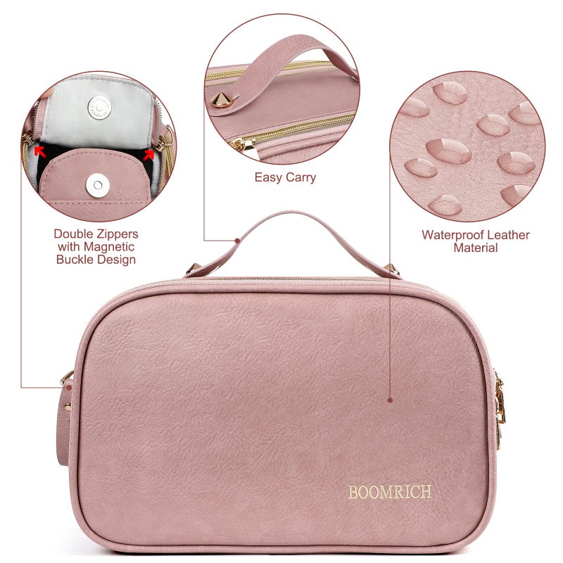 BOOMRICH Large Travel Makeup Bag, Cosmetic Bag, Toiletry Bag for Women, Water-Resistant Leather Toiletry Organizer, Dopp Kit for Toiletries Accessories, Pink - Image 2