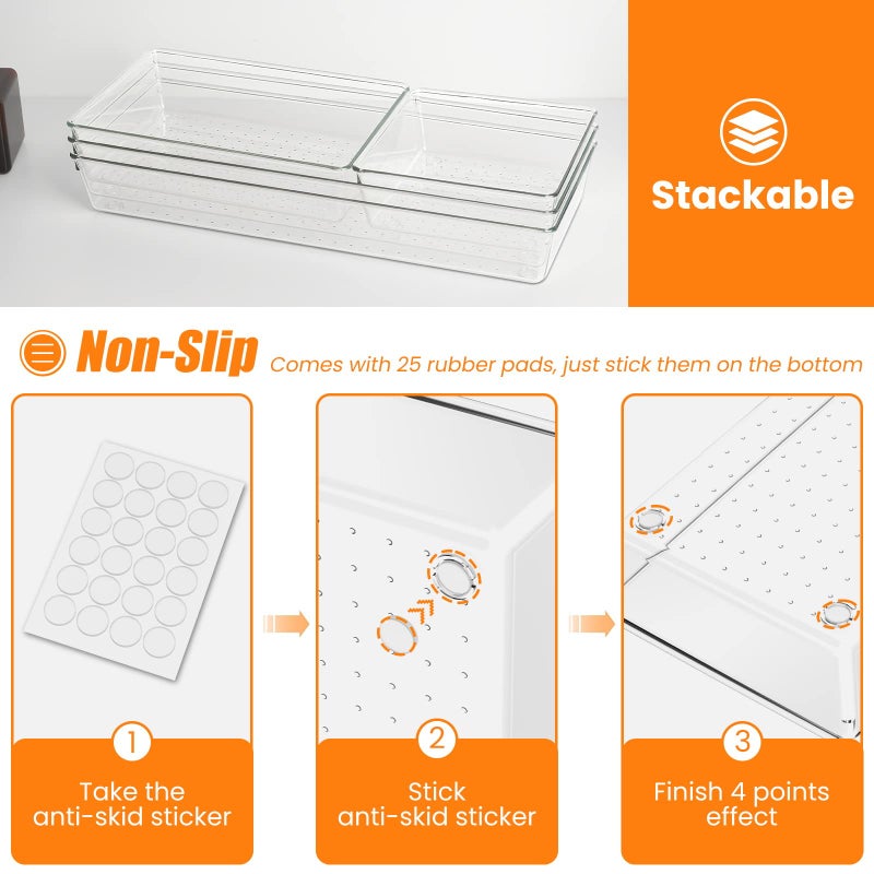 Criusia 6 Pcs Large Size Clear Drawer Organizer Set, Acrylic Non Slip Non Cracking Kitchen Drawer Storage Tray Divider, Multifunctional Storage for Cosmetics, Bathroom, Tools, Kitchen and Office - Image 3